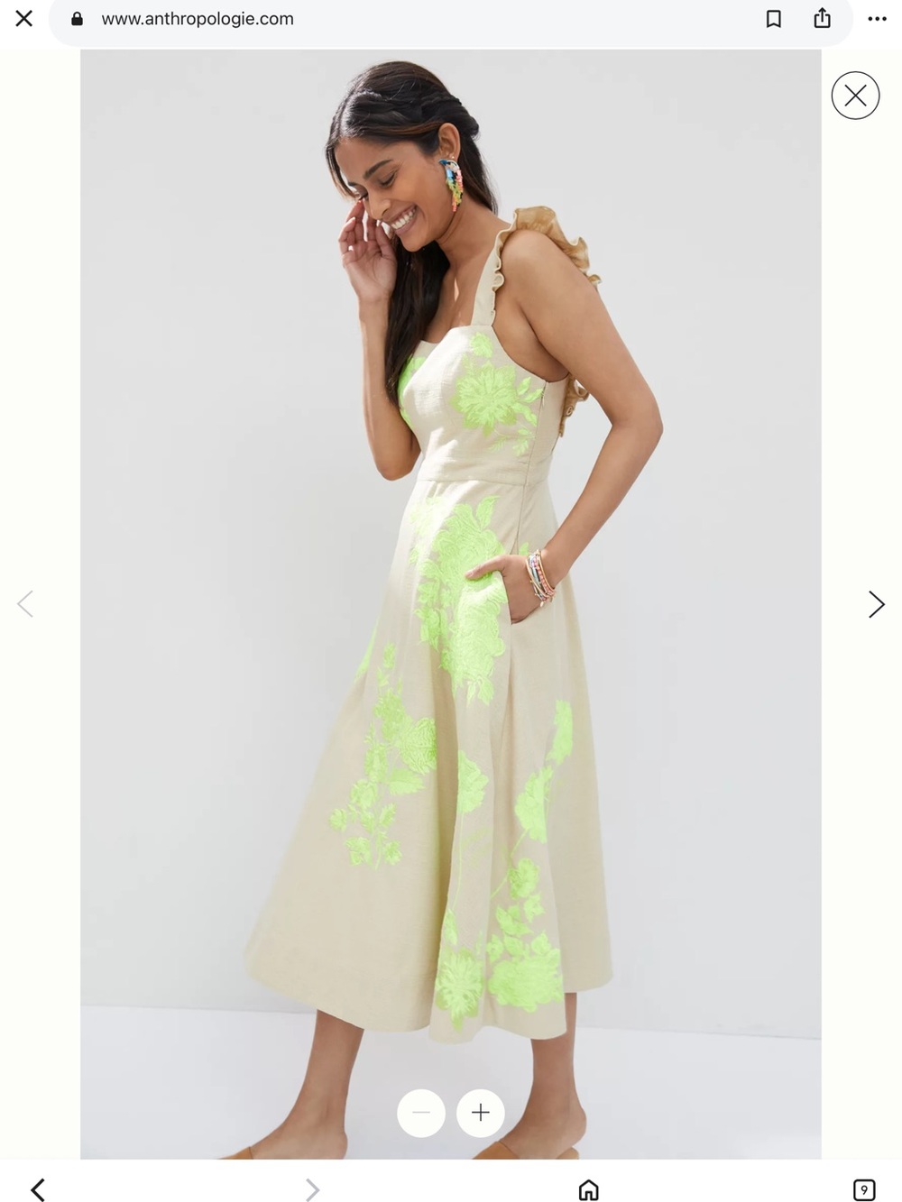 Anthropologie Cream Midi Dress with Neon Green Floral Embroidery